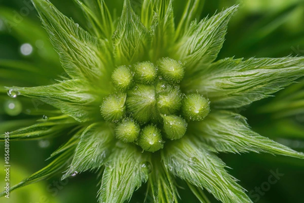 Fototapeta Macro view of a vibrant green plant bud with dew drops and soft focus background