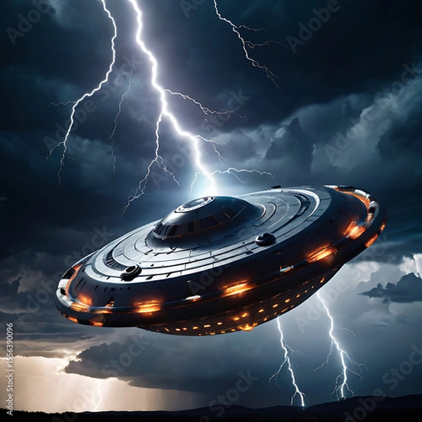 Fototapeta An abstract flying saucer emerging from a swirling vortex in the sky, surrounded by lightning and glowing energy fields, high contrast, science fiction style
