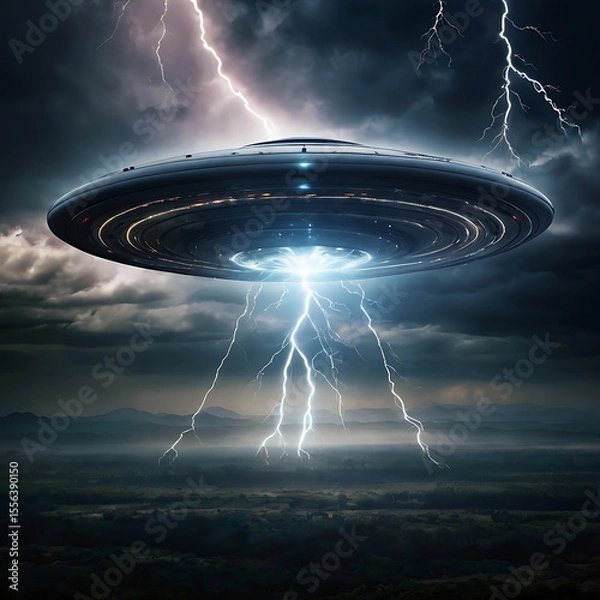 Fototapeta An abstract flying saucer emerging from a swirling vortex in the sky, surrounded by lightning and glowing energy fields, high contrast, science fiction style