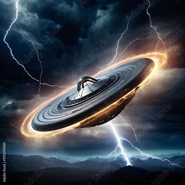 Fototapeta An abstract flying saucer emerging from a swirling vortex in the sky, surrounded by lightning and glowing energy fields, high contrast, science fiction style