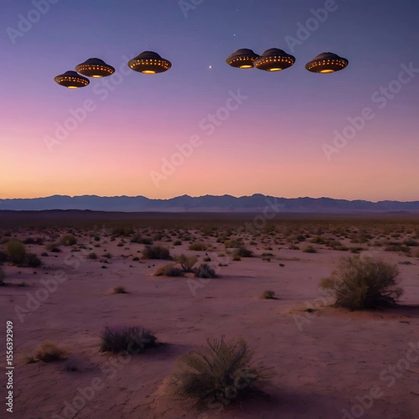 Fototapeta A fleet of glowing UFOs forming a geometric pattern above a desert landscape at twilight, soft pink and purple tones in the sky, mysterious and symmetrical