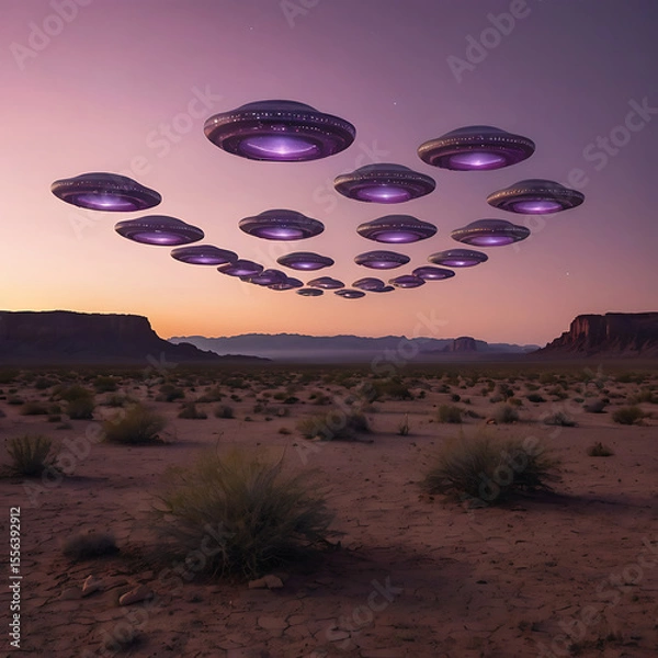 Fototapeta A fleet of glowing UFOs forming a geometric pattern above a desert landscape at twilight, soft pink and purple tones in the sky, mysterious and symmetrical