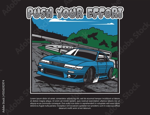 Fototapeta 90s automotive car illustration with street view background for vector graphic image