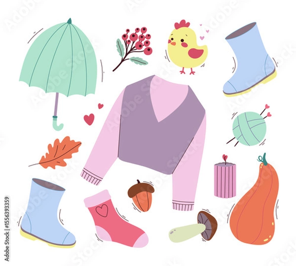 Fototapeta Autumn vector set. Cute illustration for cards, stickers, posters, wrapping paper, scrapbooking and other fall design