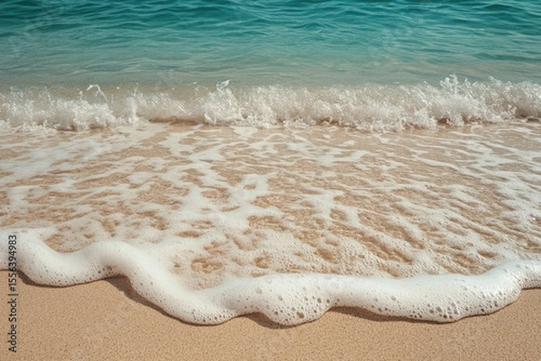 Fototapeta Gentle turquoise ocean wave washes ashore onto sandy beach with white foam