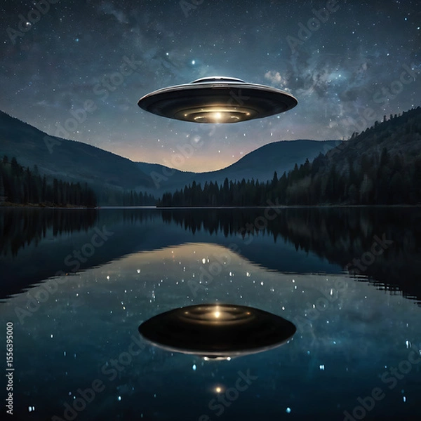 Fototapeta A single classic saucer-shaped UFO reflecting the stars as it floats over a still mountain lake, perfect mirror reflection on the water, peaceful yet eerie