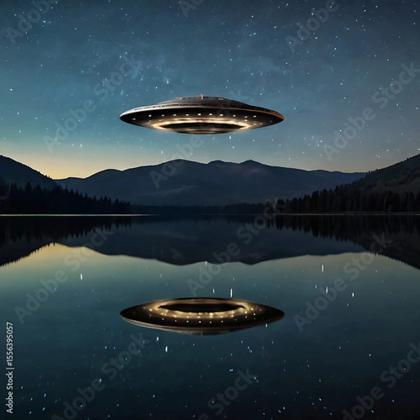 Fototapeta A single classic saucer-shaped UFO reflecting the stars as it floats over a still mountain lake, perfect mirror reflection on the water, peaceful yet eerie
