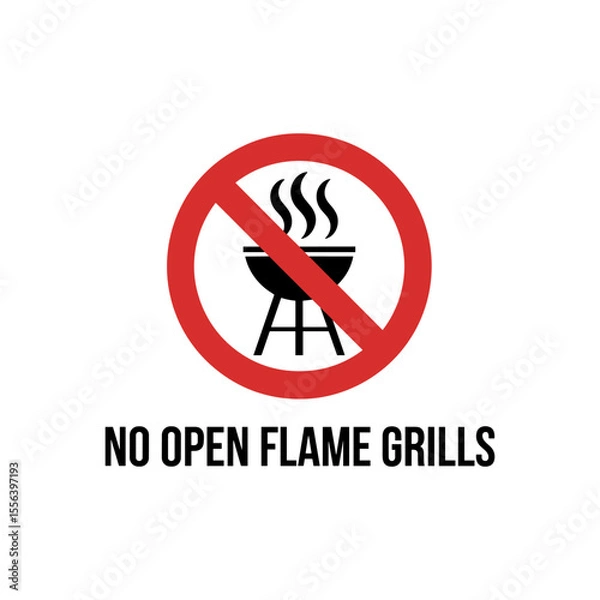 Fototapeta No Open Flame Grills: A clear prohibition, symbolized by a red circle and slash over a barbecue grill, signifies the ban on open flame grilling, conveying a message of safety.