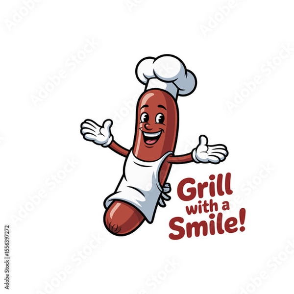 Fototapeta Grill with a Smile: A cheerful cartoon sausage character, adorned with a chef's hat and apron, welcomes all with open arms. Perfect for any grilling event!