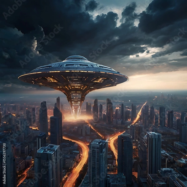 Fototapeta A massive alien spaceship partially cloaked, distorting the clouds above a futuristic city, glowing lights and atmospheric distortion effects