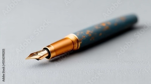 Fototapeta Close up view of an elegant blue and gold luxury fountain pen resting on a smooth grey surface
