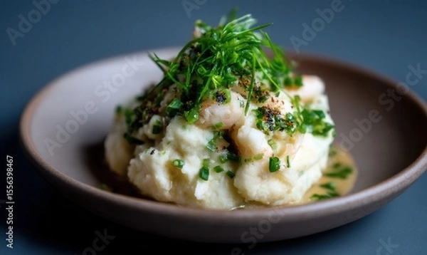 Fototapeta Velvety mashed breadfruit with shellfish sauce and pandan aroma served elegantly on a warm taupe plate against a storm blue background