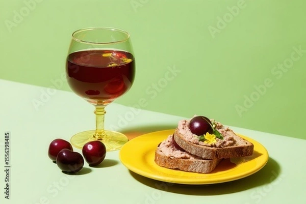Fototapeta Experience the delightful pairing of cherry Heering and liver pate on rye toast against a soft green backdrop
