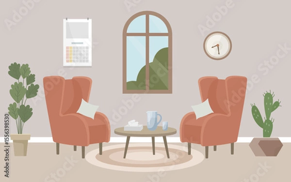 Fototapeta A psychologist's office, a cozy room with two armchairs, a window, paintings, a bookshelf, paper napkins and potted plants. Interior concept. Vector flat illustration.