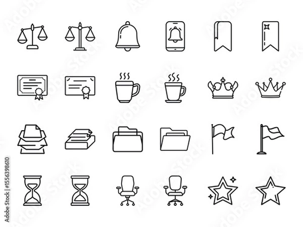 Obraz Bundle of Business, Office, and Legal Icons - Balance Scale, Certificate, Coffee, Crown, Files, Flag, Star and More - Black Silhouette Line Style Vector Icons on White Background