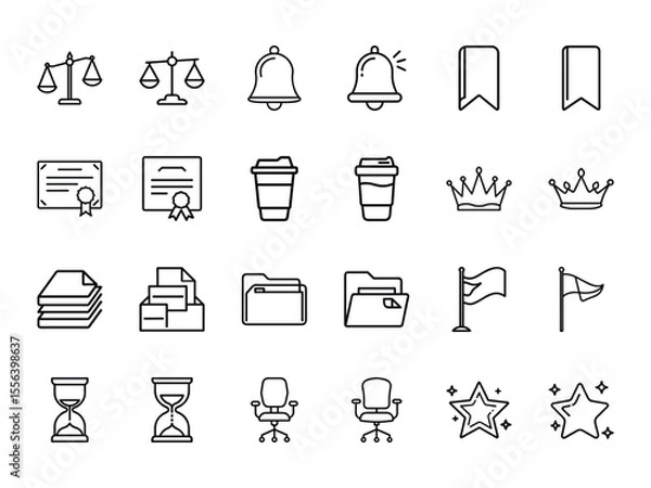 Obraz Bundle of Business, Office, and Legal Icons - Balance Scale, Certificate, Coffee, Crown, Files, Flag, Star and More - Black Silhouette Line Style Vector Icons on White Background