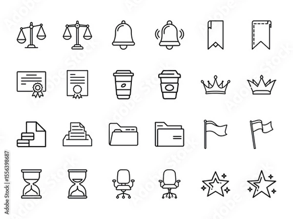 Obraz Bundle of Business, Office, and Legal Icons - Balance Scale, Certificate, Coffee, Crown, Files, Flag, Star and More - Black Silhouette Line Style Vector Icons on White Background