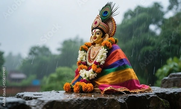 Obraz Golden hindu deity statue adorned with flower garlands and peacock feather in the rain