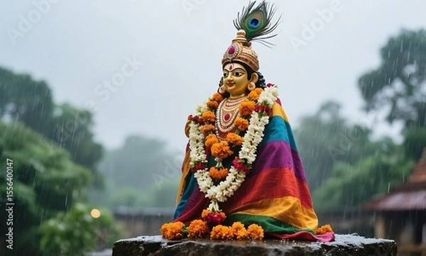 Obraz Decorated hindu deity statue with peacock feather and flower garlands in the rain
