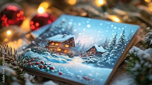 Obraz Stack of Christmas Cards with Holiday Greetings and Snowy Scenes for Christmas, Holiday Greetings, and Festive Season Designs.