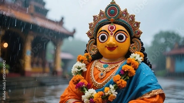 Obraz Colorful hindu deity statue adorned with flowers in the rain