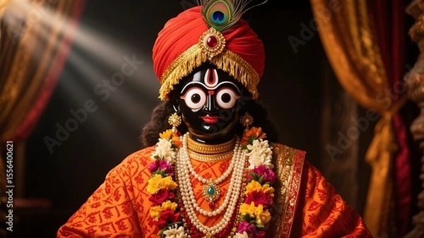 Obraz Close up of a statue of lord krishna adorned with a red turban and floral garlands