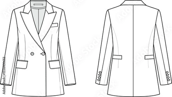 Fototapeta Technical flat sketch of women's tailored blazer front and back view, CAD fashion drawing, vector illustration, double breasted jacket with lapel, pocket, sleeve detail