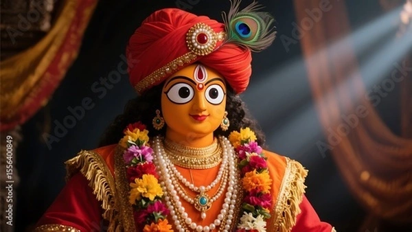 Obraz Lord krishna statue adorned with a red turban peacock feather and floral garland