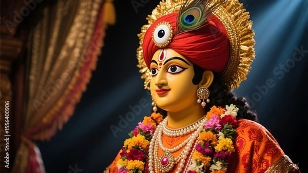 Obraz Beautiful statue of lord krishna adorned with a peacock feather and flower garland