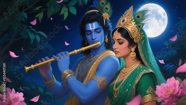 Obraz Lord krishna plays flute for radha under a full moon with pink petals falling