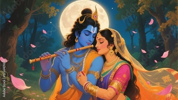 Obraz Lord krishna plays flute for radha under a full moon in a mystical forest