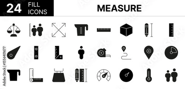 Fototapeta Collection of 24 measure fill icons featuring editable strokes. These outline icons depict various modes of measure, measurement, icon set, scale, size, ruler, gauge, dimension, temperature, line, squ