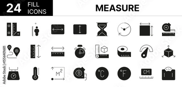 Fototapeta Collection of 24 measure fill icons featuring editable strokes. These outline icons depict various modes of measure, measurement, icon set, scale, size, ruler, gauge, dimension, temperature, line, squ