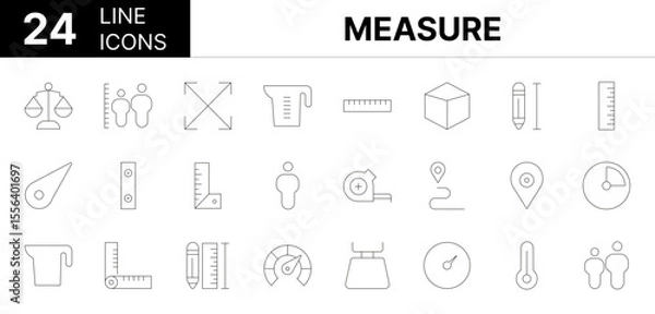 Fototapeta Collection of 24 measure line icons featuring editable strokes. These outline icons depict various modes of measure, measurement, icon set, scale, size, ruler, gauge, dimension, temperature, line, squ