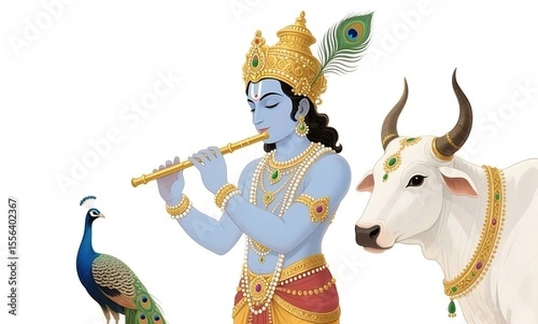 Obraz Lord krishna playing the flute with a peacock and a cow nearby