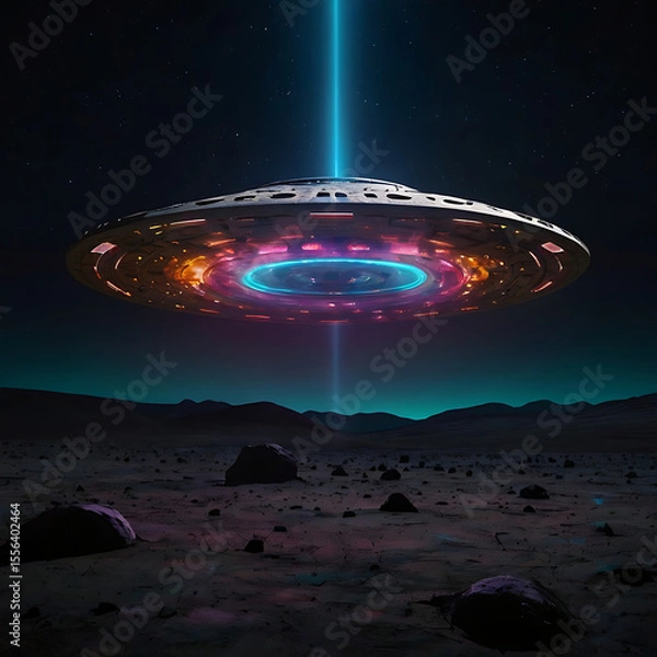 Fototapeta An abstract glowing UFO beaming colorful light patterns onto a dark lunar surface, creating strange symbols and shapes, sci-fi surrealism