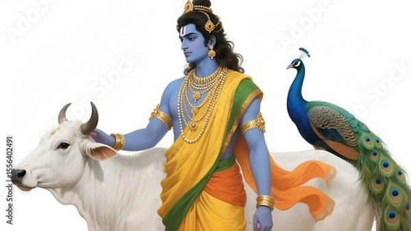Obraz Lord krishna with a white cow and a peacock on a white background