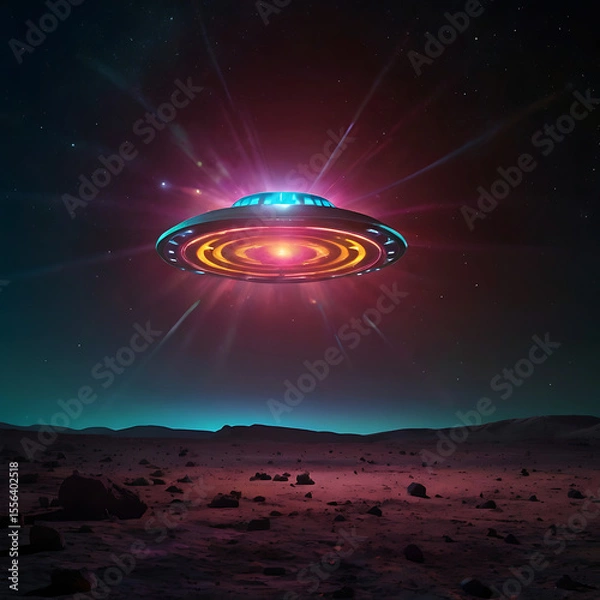 Fototapeta An abstract glowing UFO beaming colorful light patterns onto a dark lunar surface, creating strange symbols and shapes, sci-fi surrealism