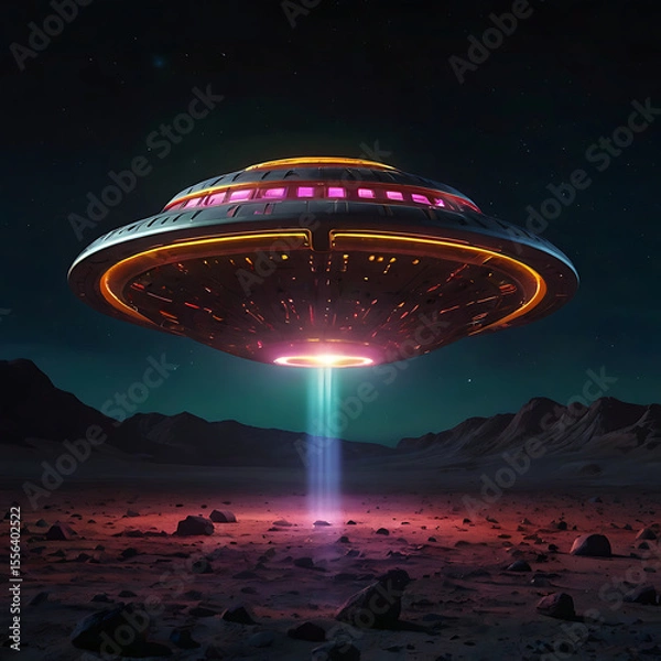 Fototapeta An abstract glowing UFO beaming colorful light patterns onto a dark lunar surface, creating strange symbols and shapes, sci-fi surrealism