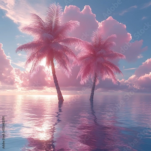 Fototapeta Serene tropical paradise scene with pink palm trees reflecting in tranquil water under a dreamy sky
