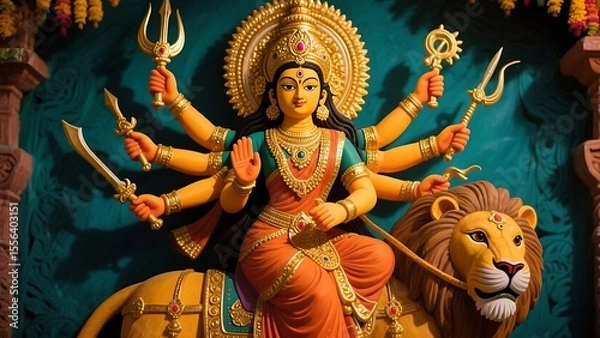 Obraz Goddess durga seated majestically on her lion vahana holding various divine weapons