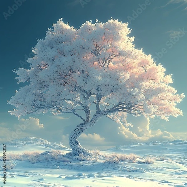 Fototapeta Serene winter landscape photo featuring a majestic tree with white blossoms in a snowy environment