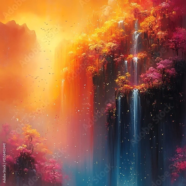 Fototapeta Stunning digital art photo of vibrant waterfalls cascading through a colorful autumn landscape with trees