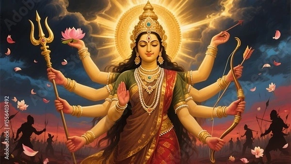 Obraz Goddess durga with multiple arms holding weapons and lotus flower in a battle scene