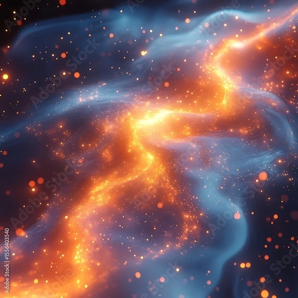Fototapeta Stunning digital photo depicting a glowing cosmic nebula of swirling orange and blue colors with sparkling particles.