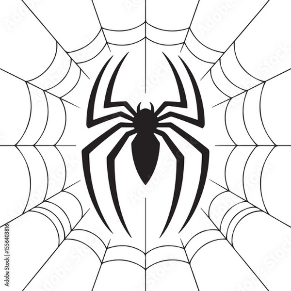 Fototapeta Black spider with web isolated on a white background