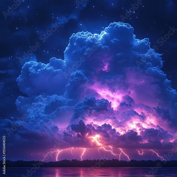 Fototapeta Stunning photo of a dramatic thunderstorm over a lake featuring lightning strikes and starry night sky