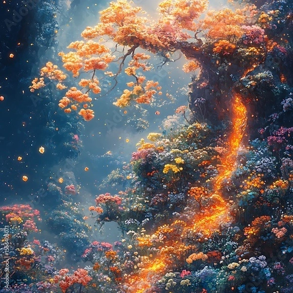 Fototapeta Stunning photo of a fairytale forest with flowing light and vibrant colorful blooms