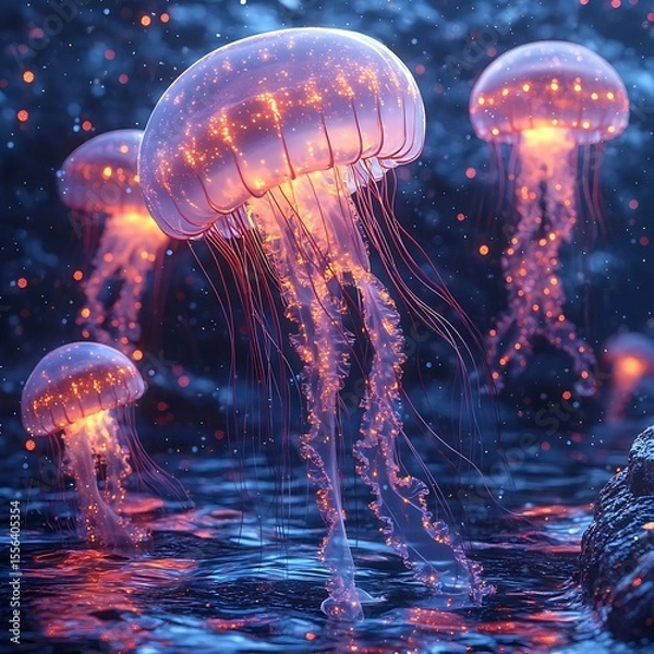 Fototapeta Stunning photo of glowing jellyfish swimming gracefully in the mysterious depths of the ocean