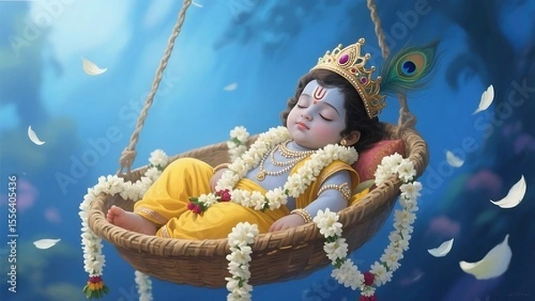 Obraz Adorable baby krishna sleeping peacefully in a swing decorated with flowers and a peacock feather
